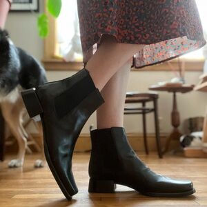 Black Leather Ankle Booties with Block Heel